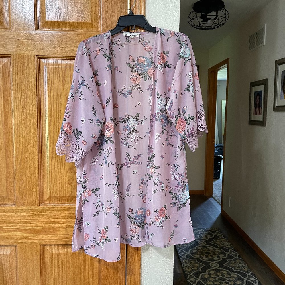 Pink Floral Lace-Trim Kimono Cardigan - Unknown Brand
